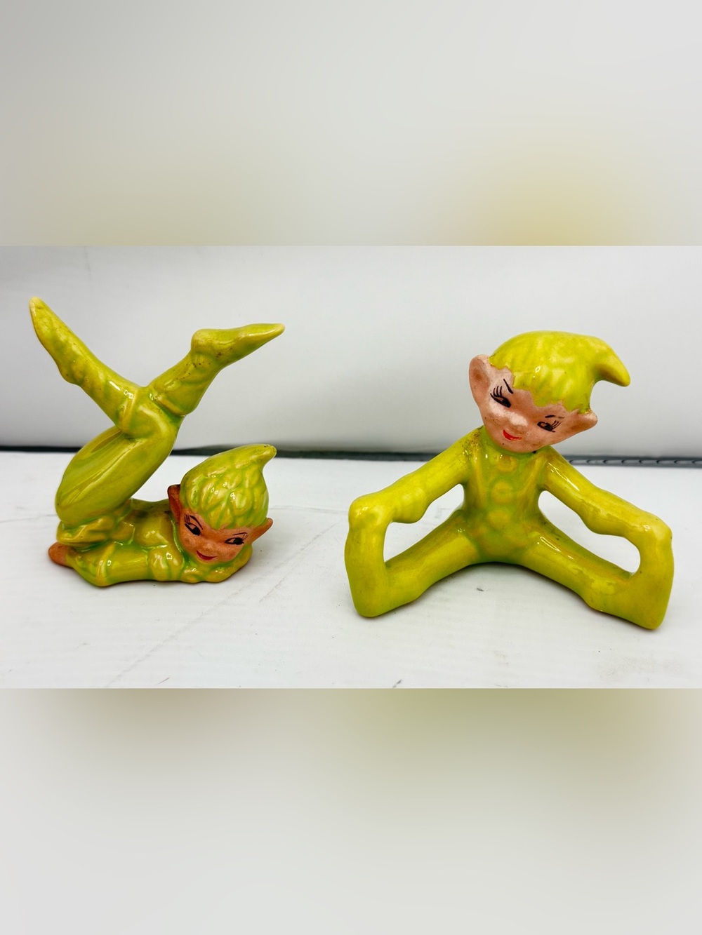 Vintage PIXIE ELVES YELLOW GREEN GLAZED CERAMIC FIGURINES